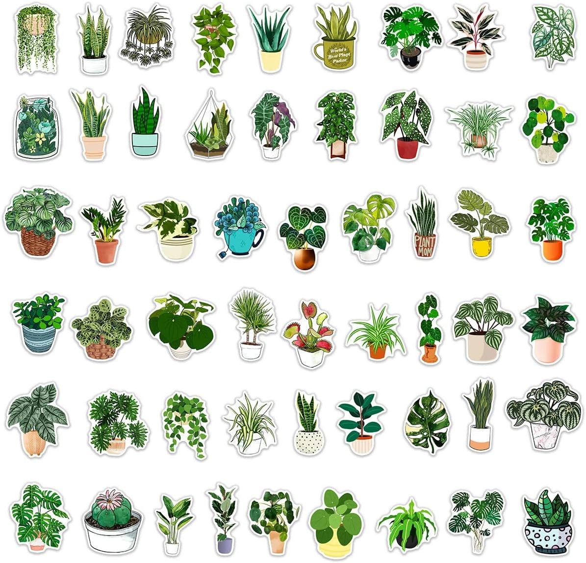 50 Pcs Green Plants Stickers Potted Plant Floral Sticker for Laptops Water Bottl