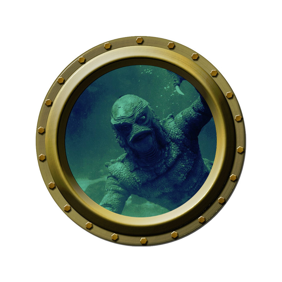 Creature from the Black Lagoon Watches You Porthole Wall Decal Brass Color Frame