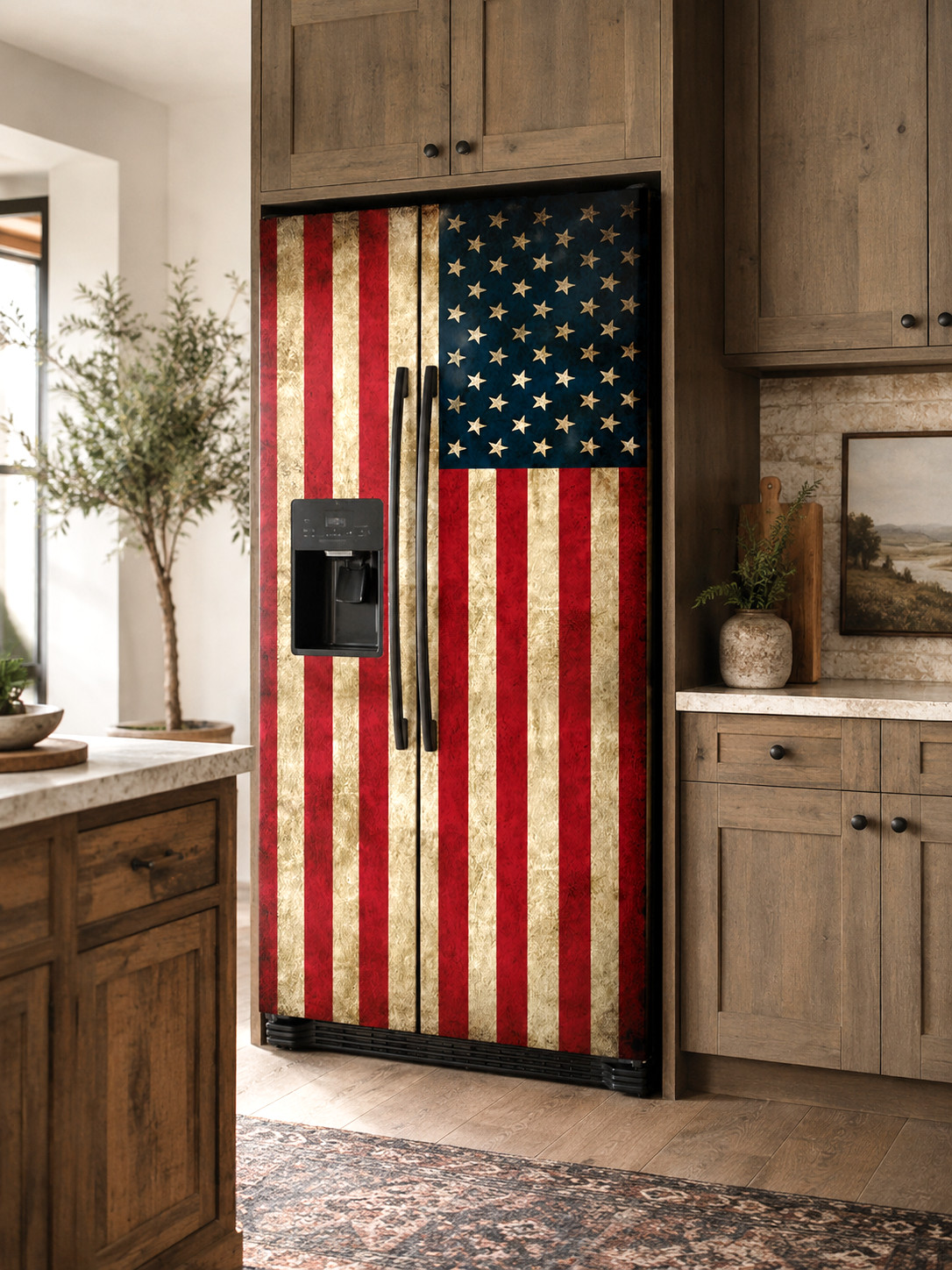 Vintage USA Flag Refrigerator Wrap Decal | Rustic American Patriotic Fridge