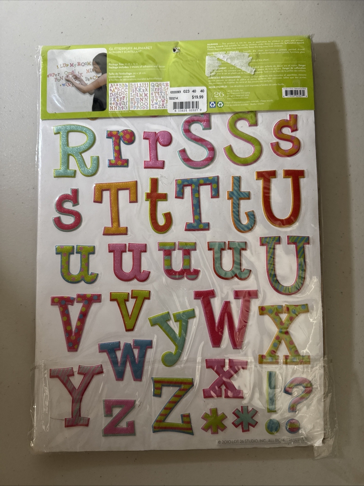 Anywhere Art Adhesive Glitter Puff Alphabet. Multicolor -3 Sheets Of Wall Decor