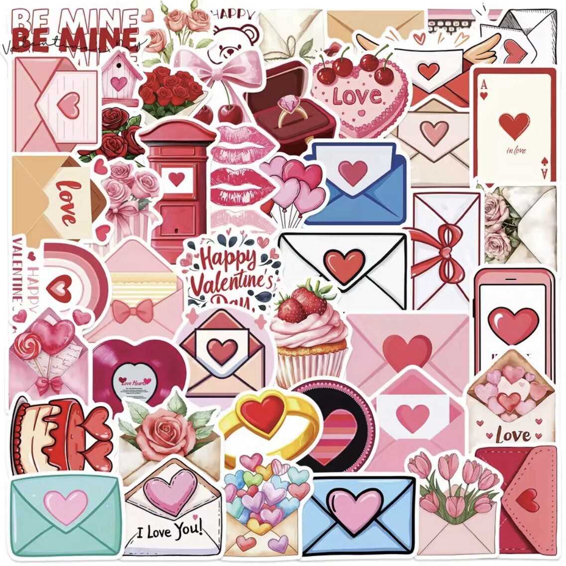 Valentines Day Envelope Style Stickers 50pk Mixed Fun Stickers Hearts Valentines