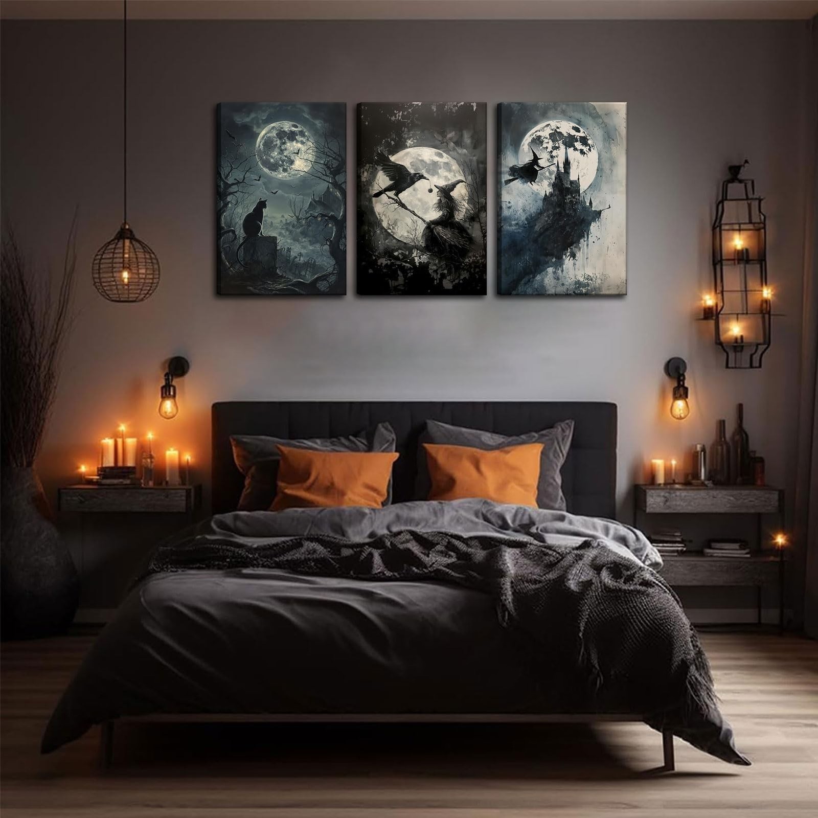 3Pcs Halloween Witch Canvas Wall Art Vintage Witchy Woman Black Cat Crow Wall…