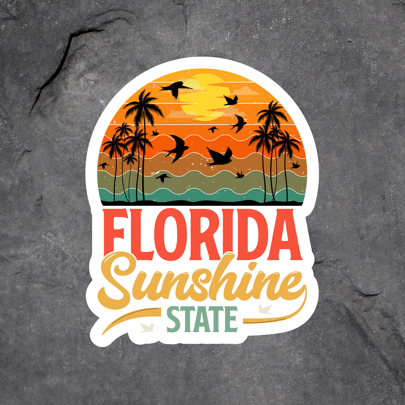 Florida Sticker Vinyl Decal Sunset Birds Palm Trees Beach Retro Travel Art