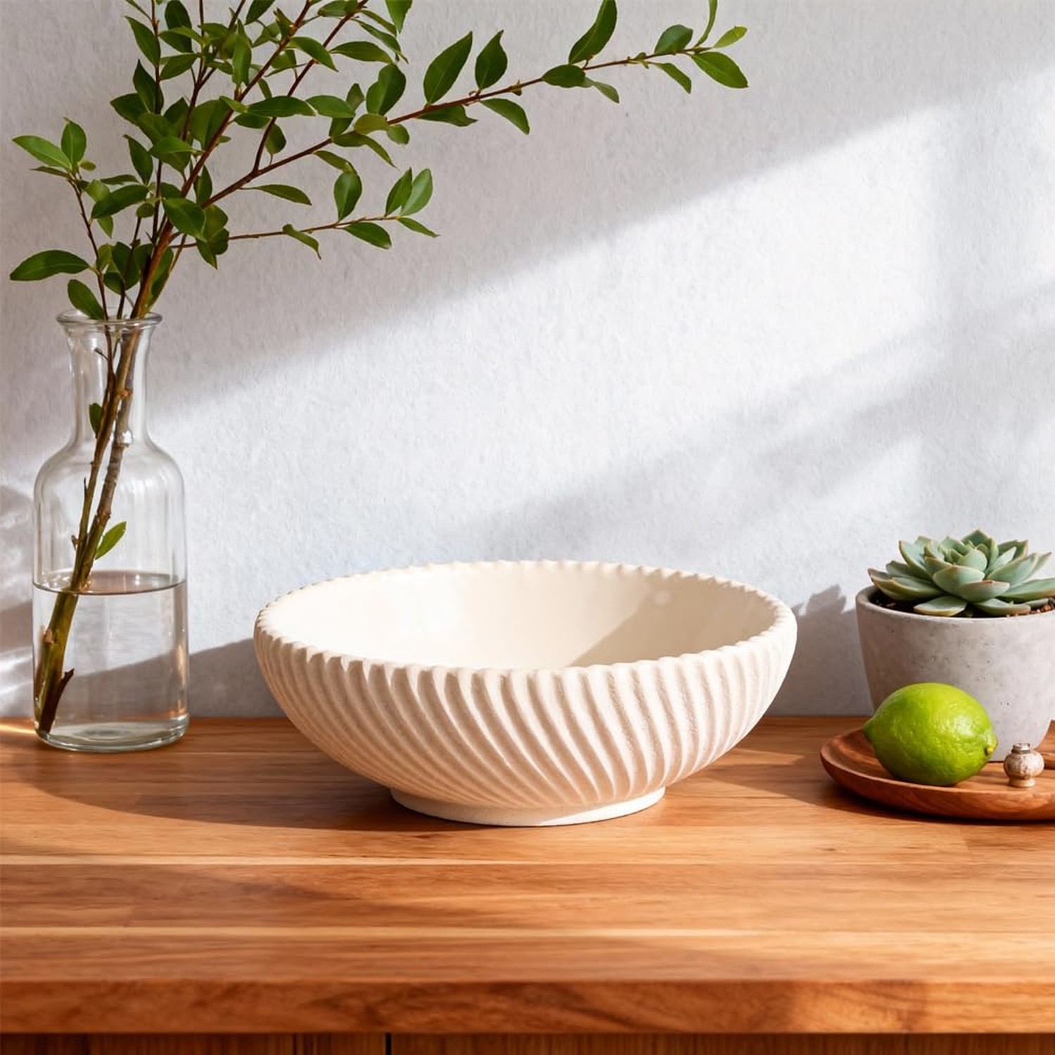 Large Resin Decorative Pedestal Bowl for Home Decor – Sandstone Ribbed Fruit …