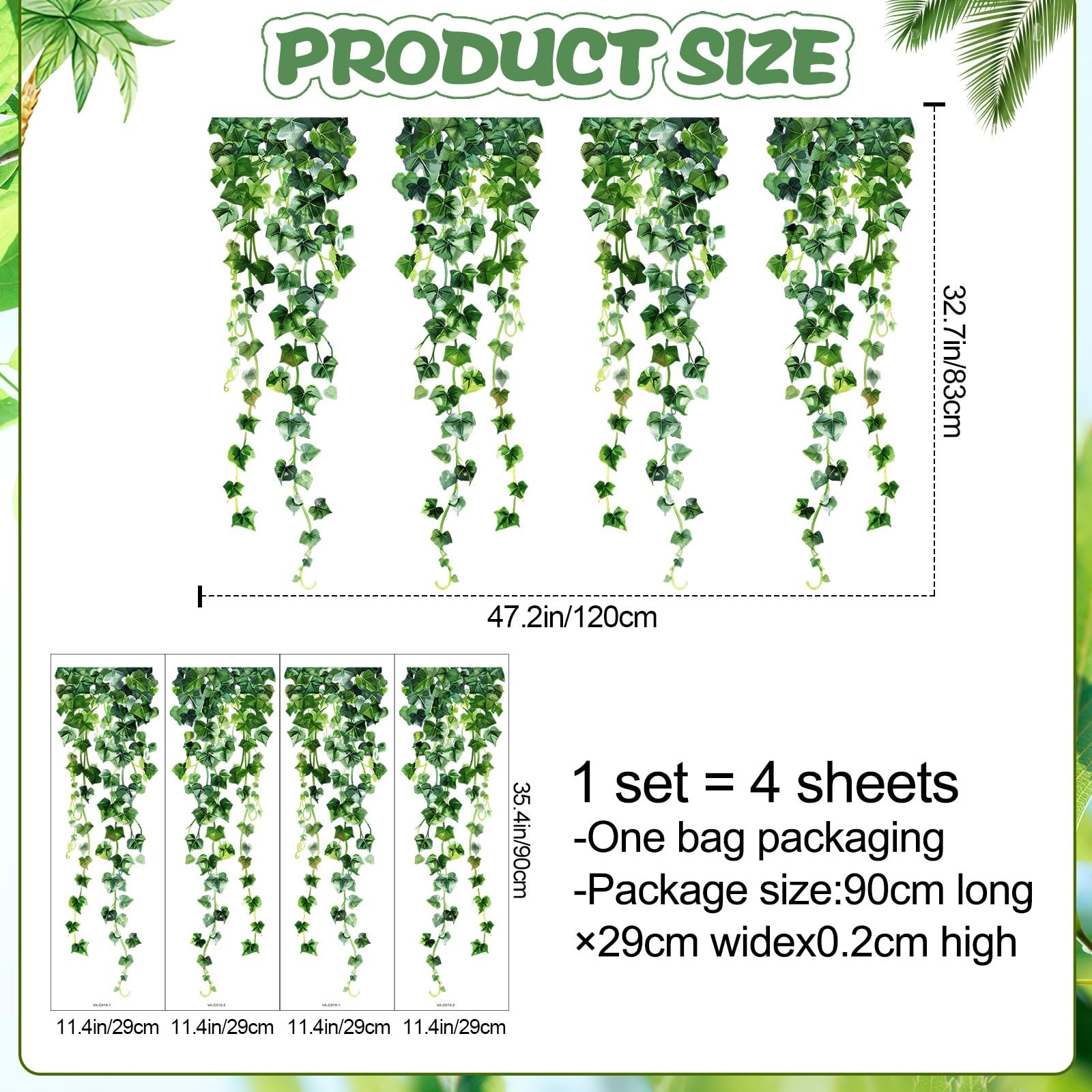 Green Plants Leaves Wall Decals Hanging Vine Wall Stickers Fresh Green Leaf W…