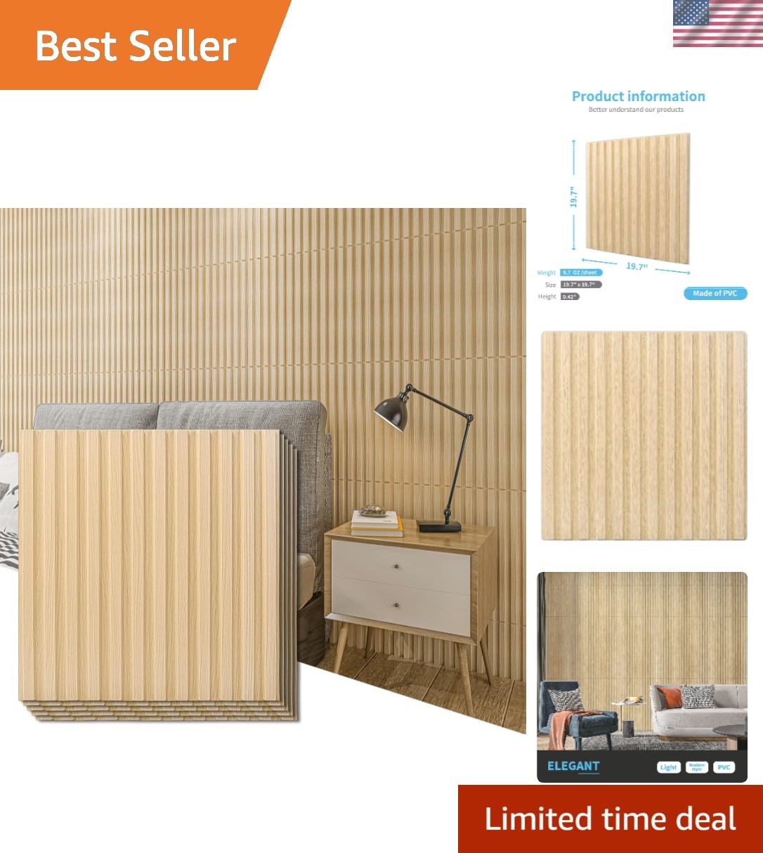 12-Pack 3D Fluted PVC Wall Panels, 19.7×19.7in – Modern Oak Design for Any Room