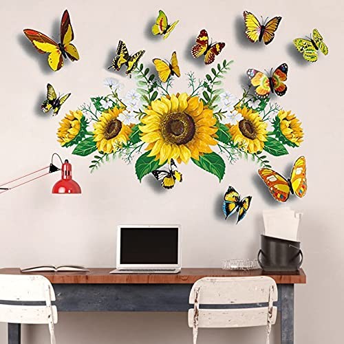 Sunflower Wall Stickers with 3D Butterfly Sticker, Yellow Sunflower-1