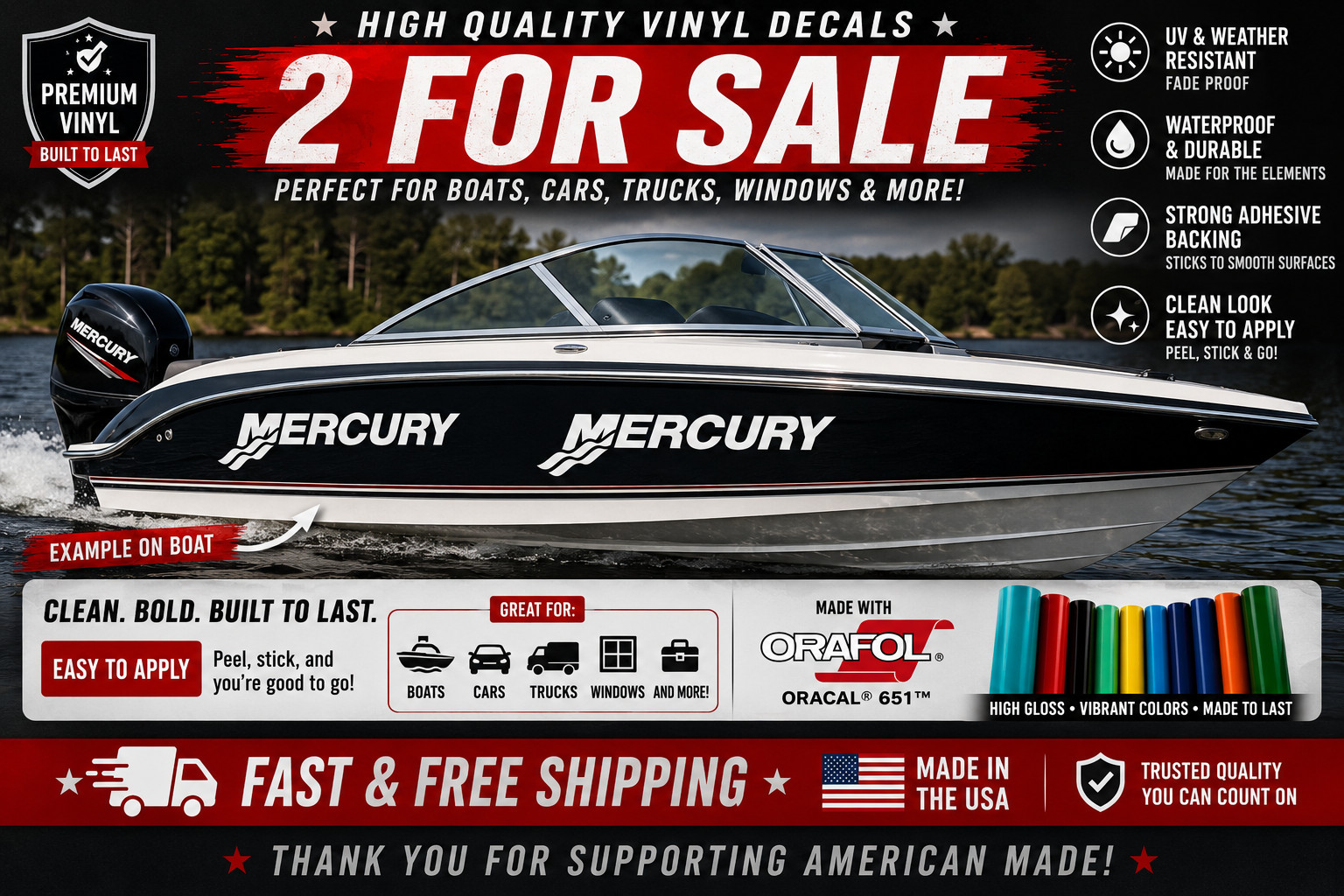 2X MERCURY DECAL STICKER US MADE TRUCK VEHICLE FISHING BOAT OUTBOARD CAR WINDOW