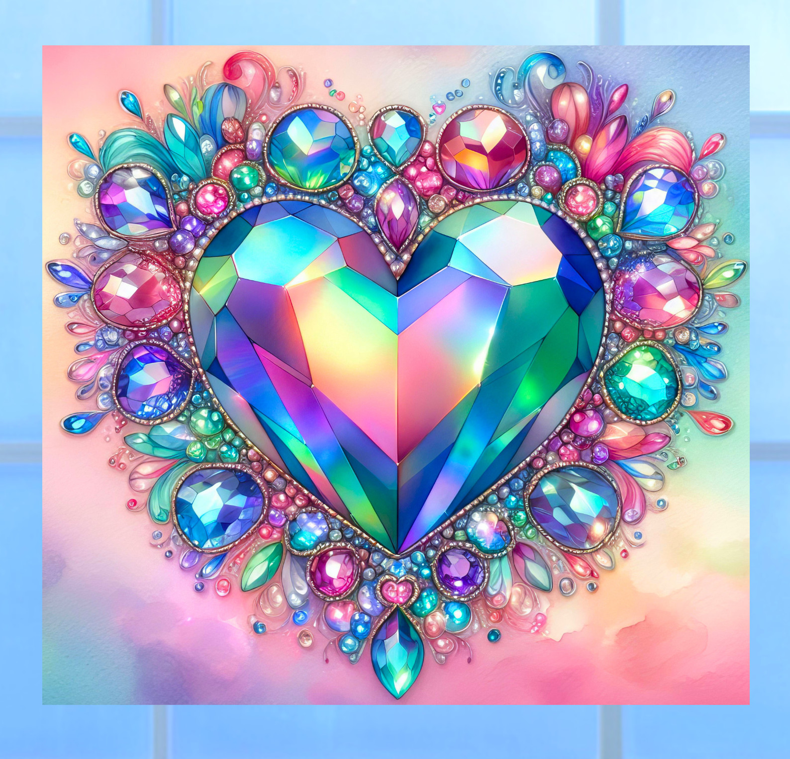 Iridescent Heart Faux Stained Glass WINDOW CLING Size 8.6" Repositionable Vinyl