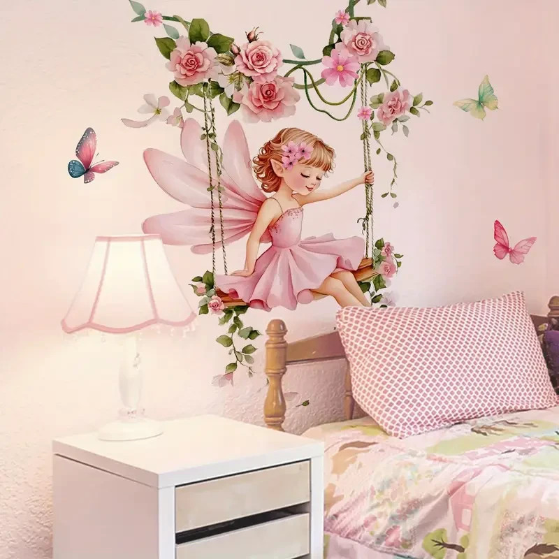 Pink Garden Fairy Decal Flowers Wall NEW Girl Vinyl Sticker Butterflies #59