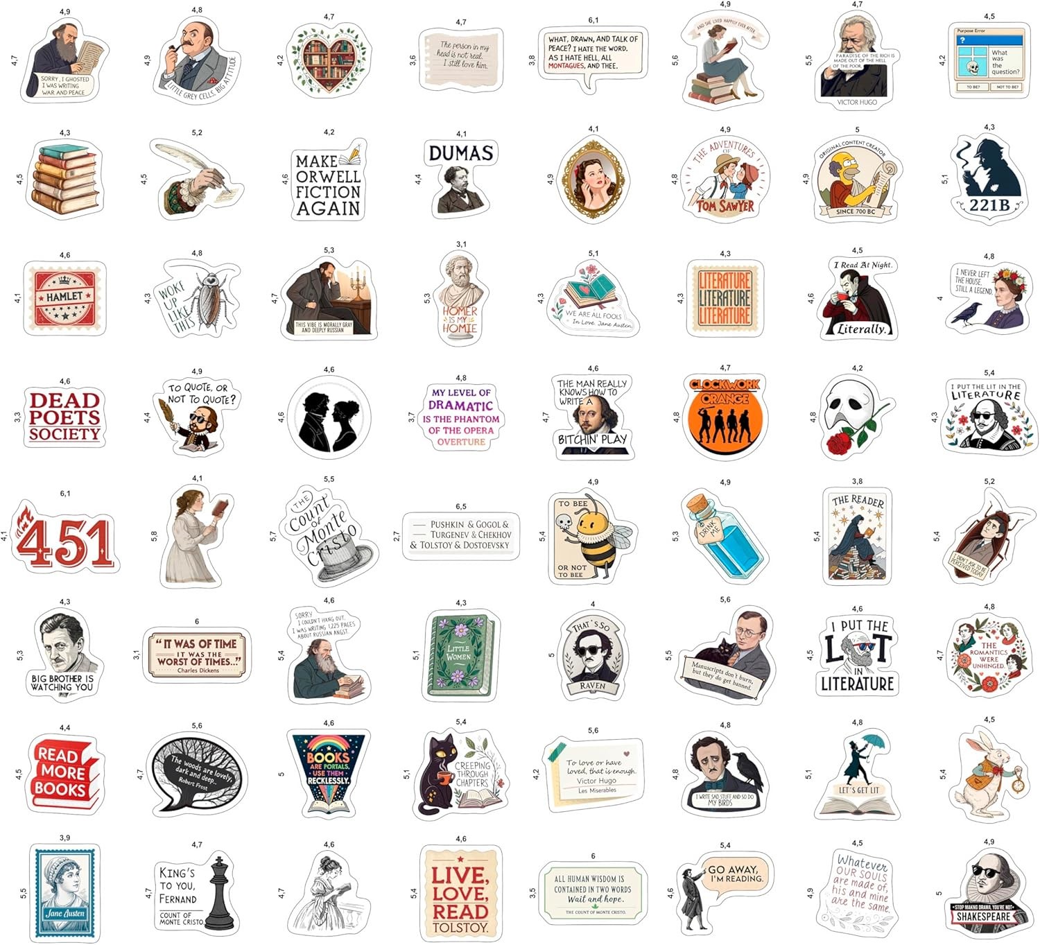 100Pcs Literature Stickers Bulk for Laptop, Water Bottle – Writing, Reading, Poe