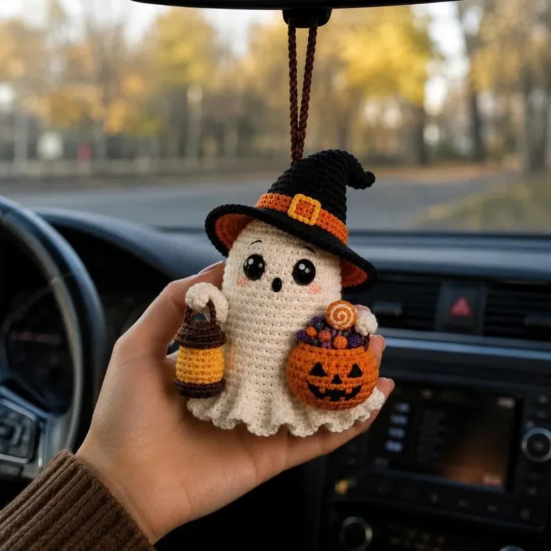 Halloween Crochet Ghost Car Charm Handmade Rearview Mirror Hanging Gift