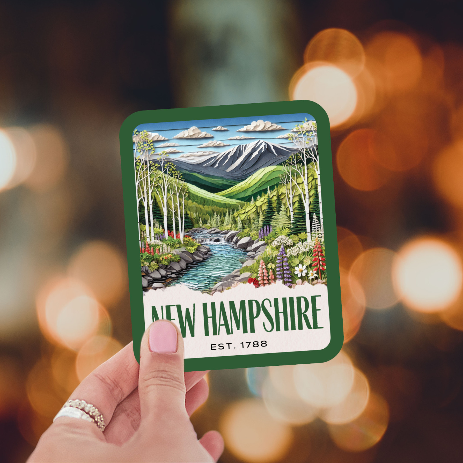 New Hampshire State Sticker, Paper Collage Look, White Mountains Vinyl Decal