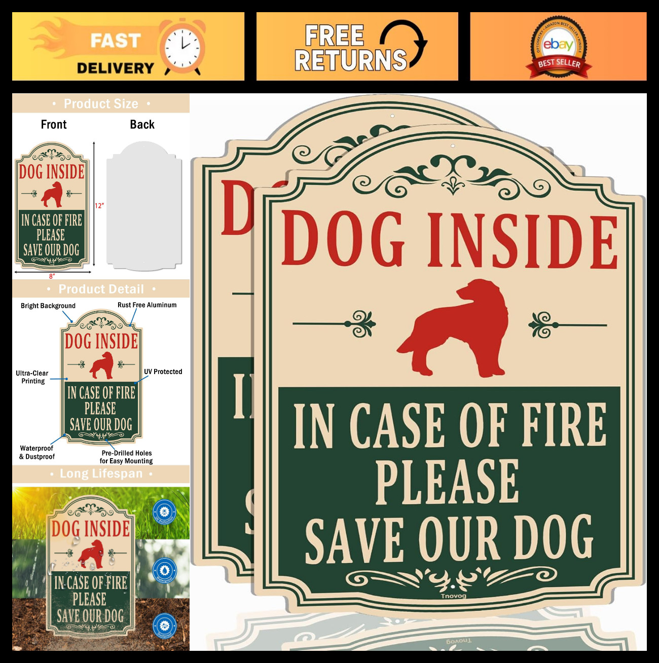 Pet Safety Sign – Dog Inside, Save Our Dogs – Reflective Metal, Weatherproof, 12