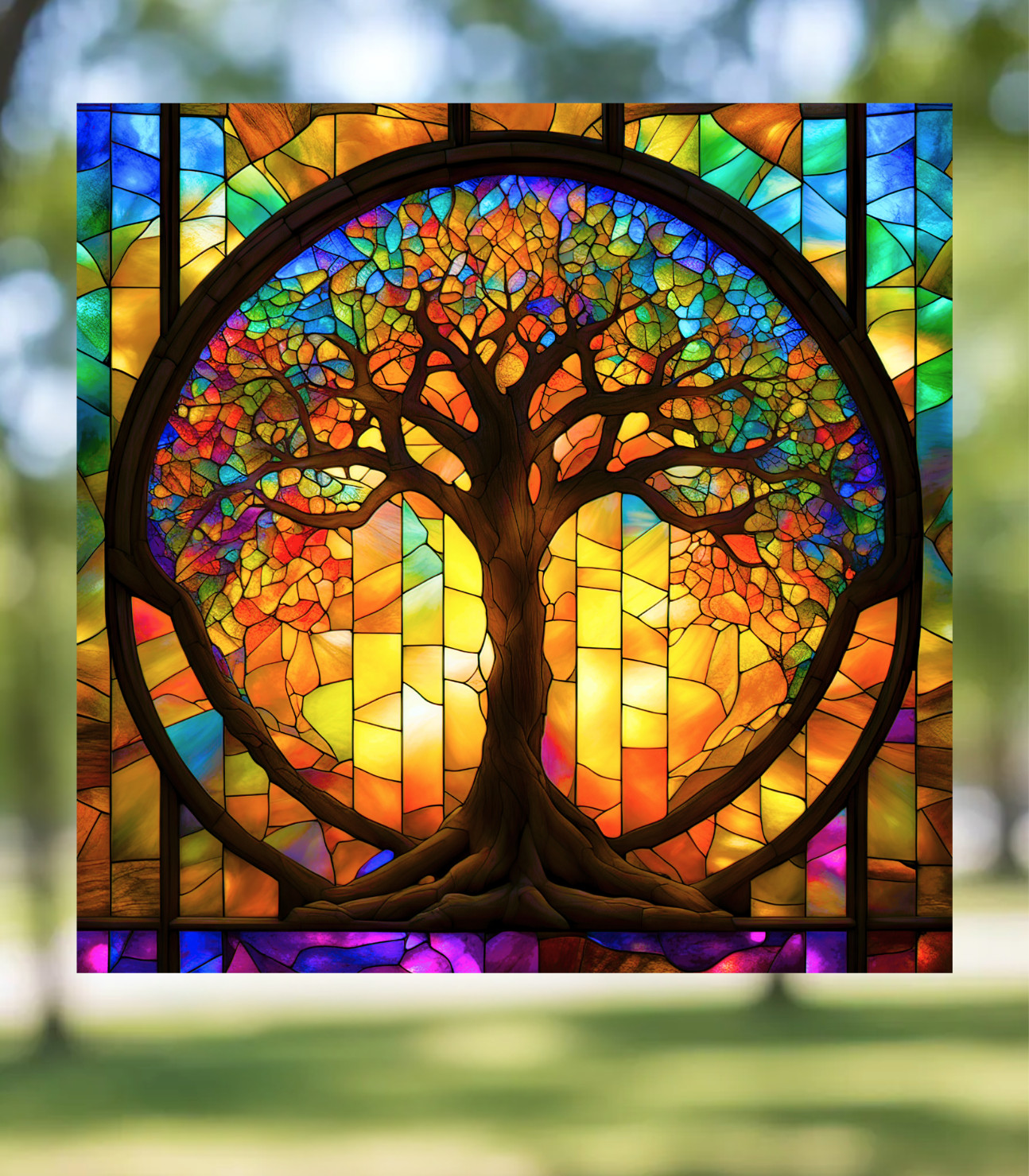 Tree of Life ~ Faux Stained-Glass WINDOW CLING Size 8" Square Vinyl