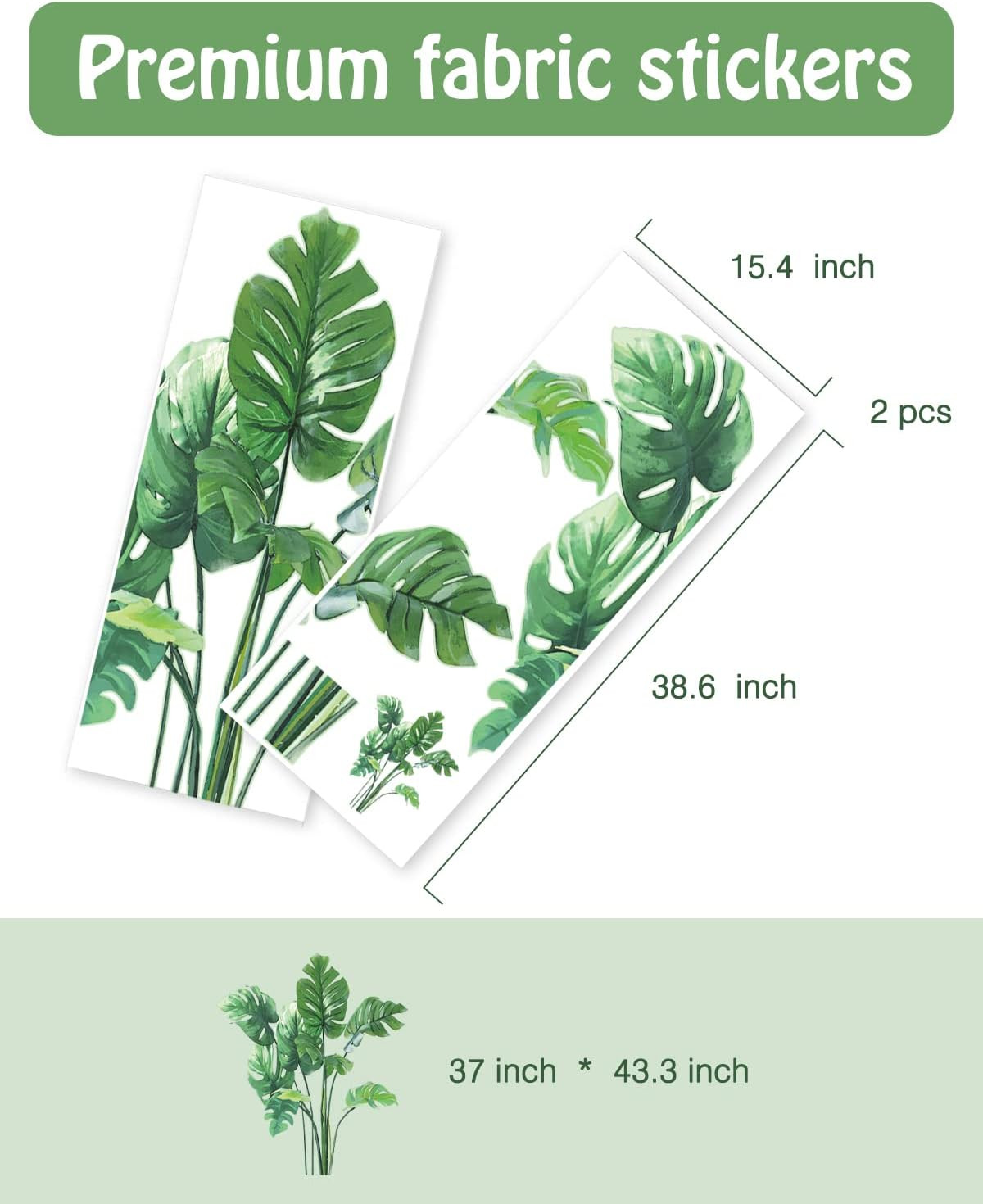 Leaf Wall Decals Peel and Stick, Large Green Monstera Leaf Wall Stickers for Bed