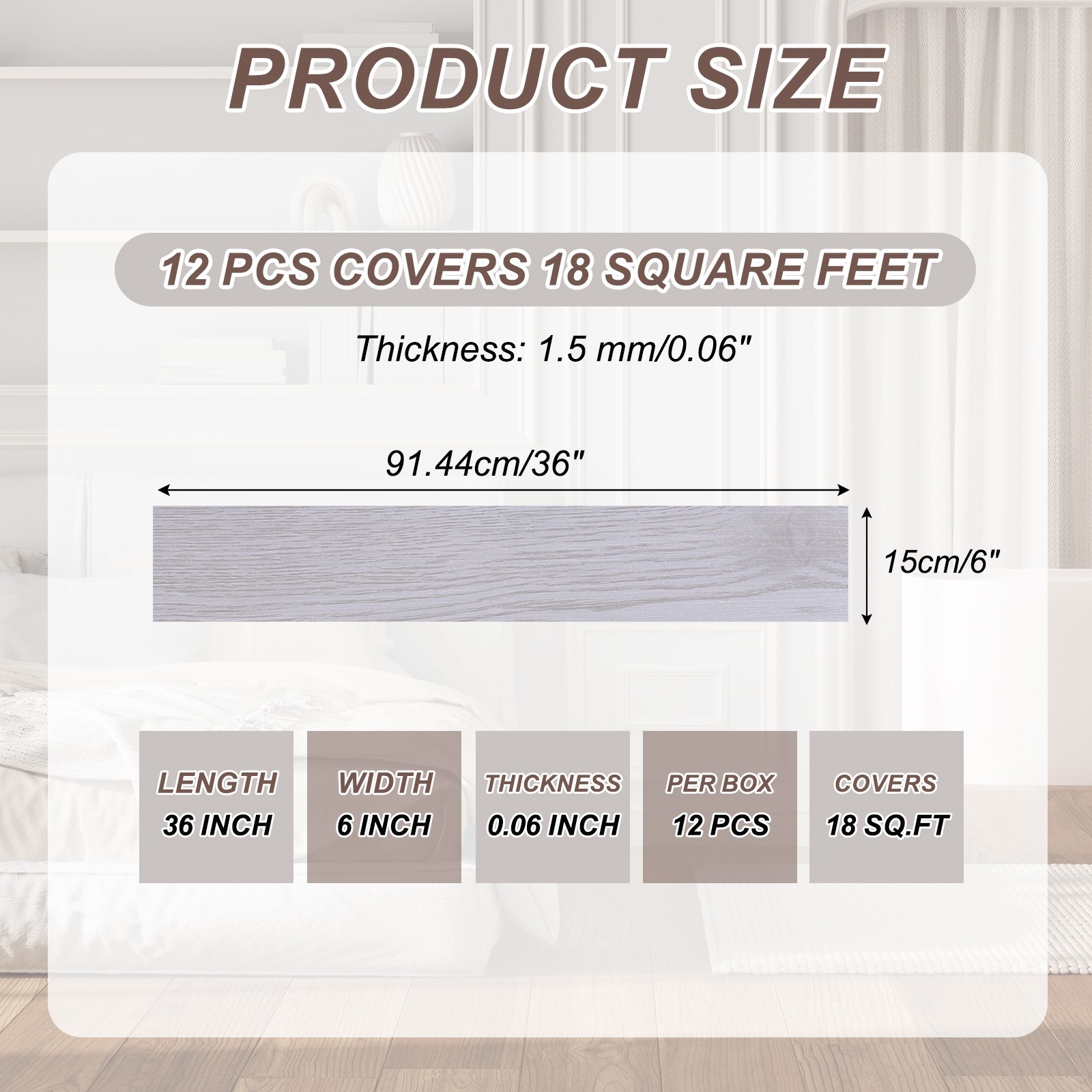 12pcs 36×6" PVC Wood Floor Adhesive Tiles, Cream White Color
