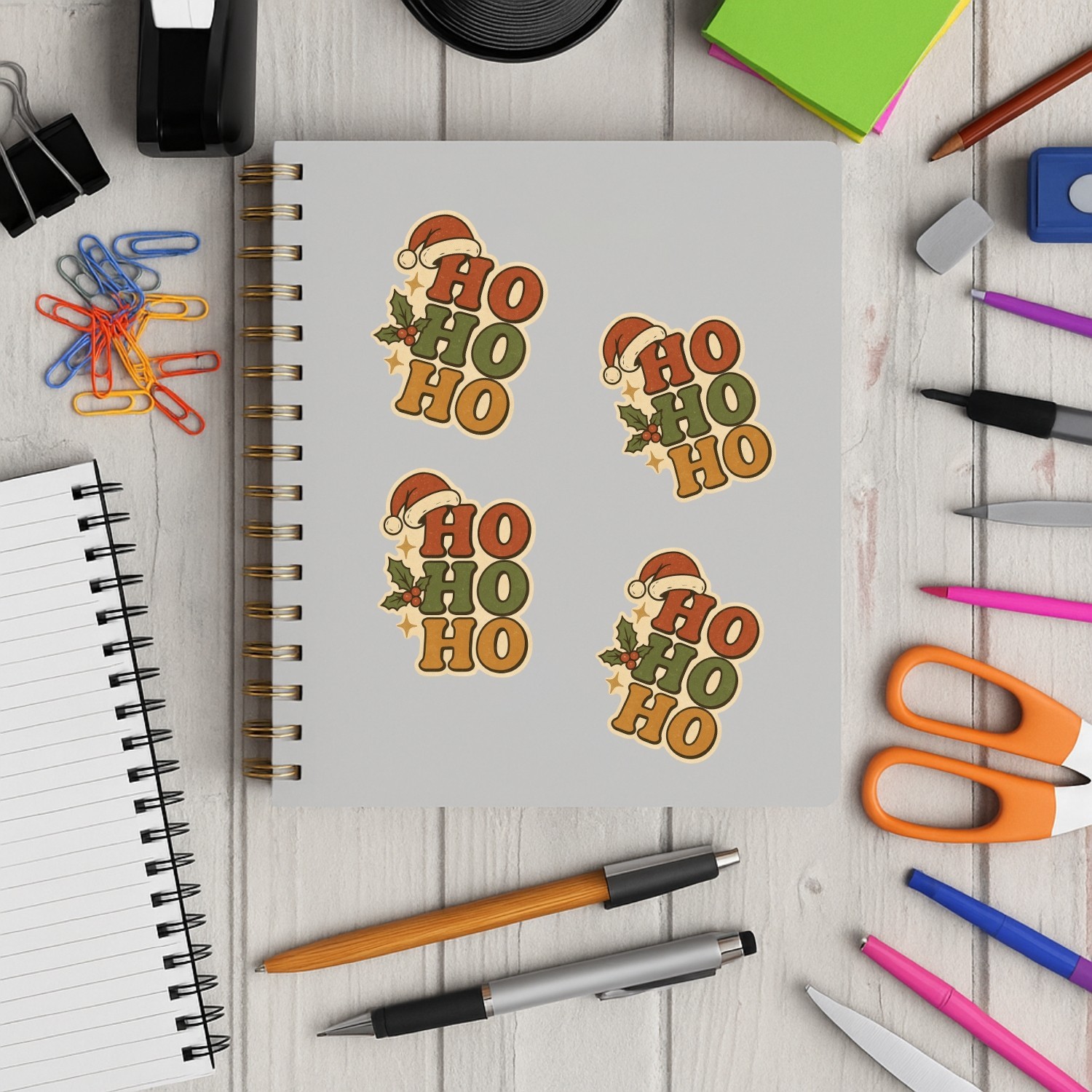 4PCS “Ho Ho Ho Christmas” Stickers – Vintage Santa Hat & Holly Berry Holiday Gif