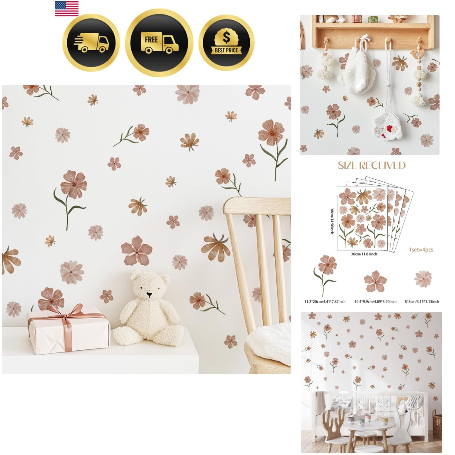 Flower Wall Decals Watercolor Wildflower Wall Art Removable Girl Room Decor