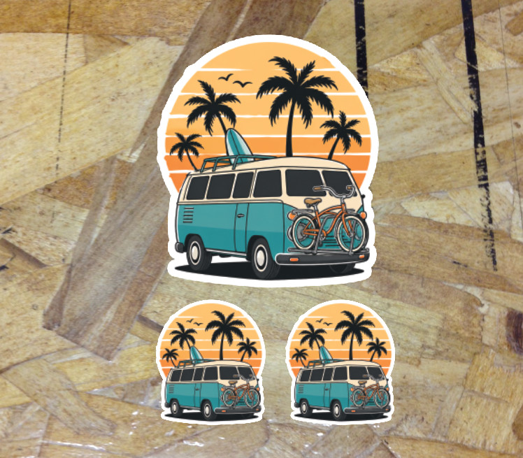 Beach Life Sunset Palm Tree Surf Cruiser Bike Van Bus Sticker Decal 3 for 1