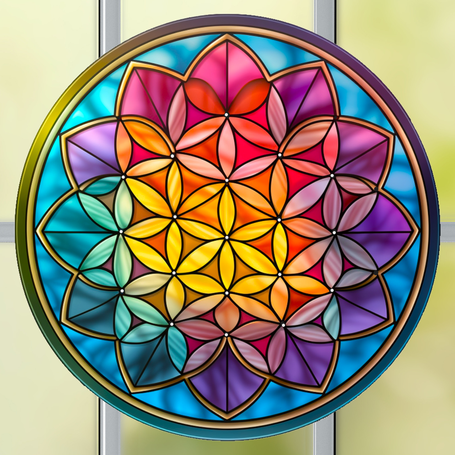 Flower of Life Round Faux Stained-Glass WINDOW CLING Size 8" Round Vinyl
