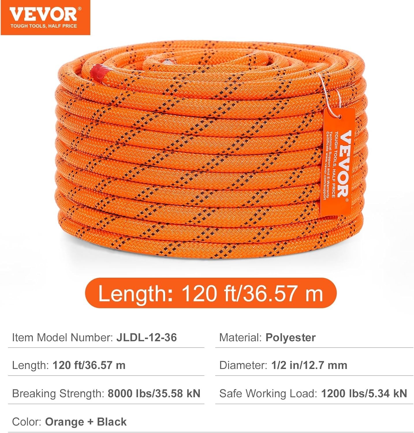 Double Braided Polyester Rope, 1/2 in X 120 Ft, 48 Strands, 8000 LBS Breaking St