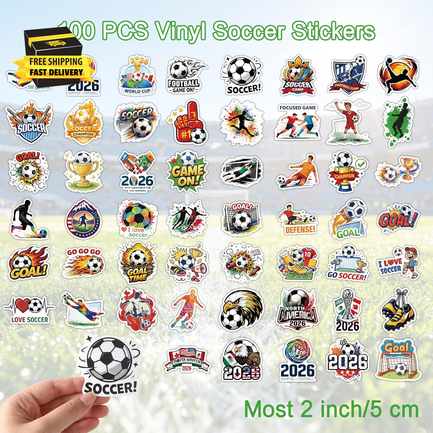 Soccer Stickers, 100 PCS Soccer Stickers for Kids, Soccer Party Favors, Vinyl Wa
