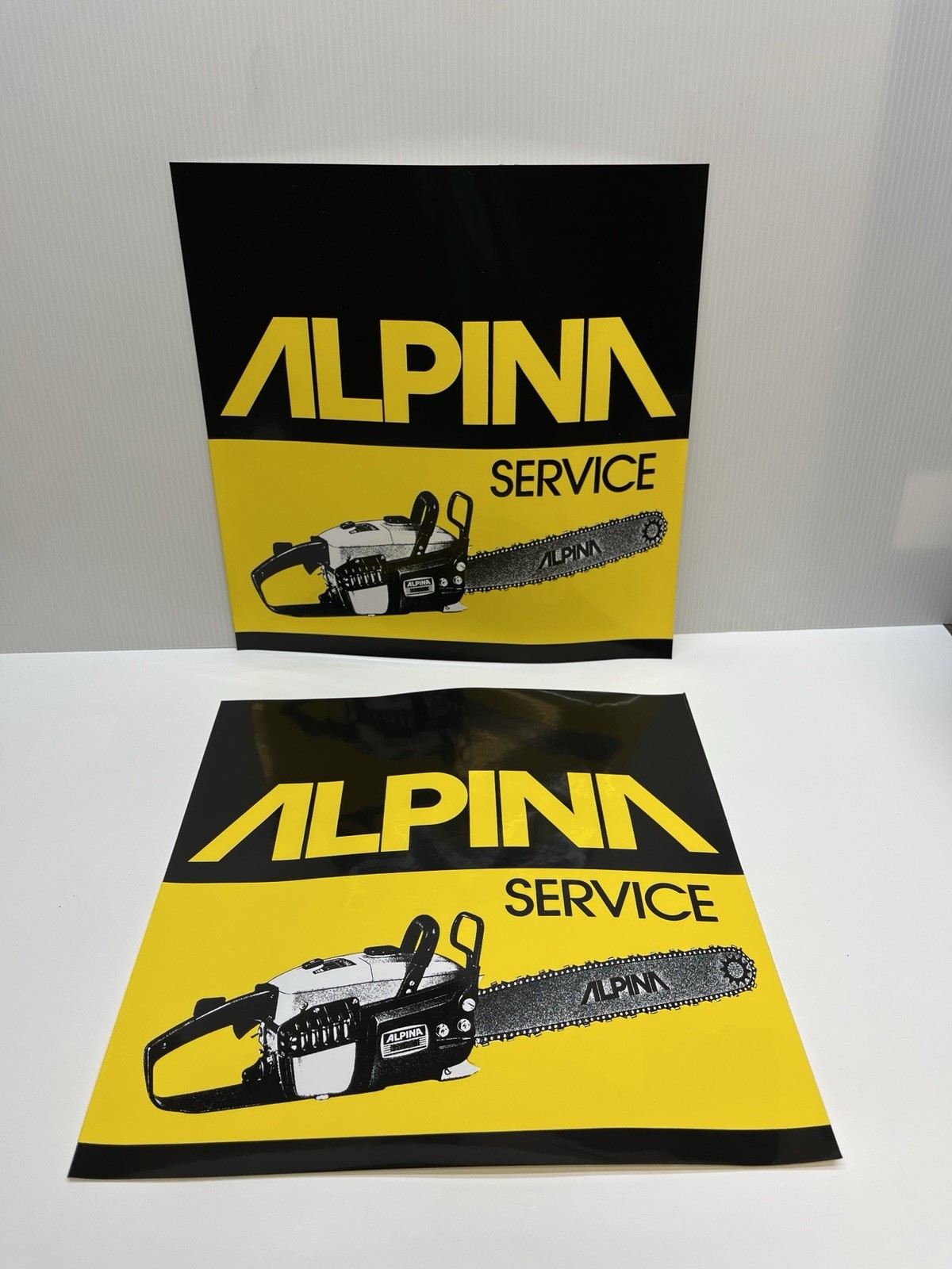 2 Vintage ALPINA Service Dealer Chainsaw Decals 11 3/4” Square Decal Glossy