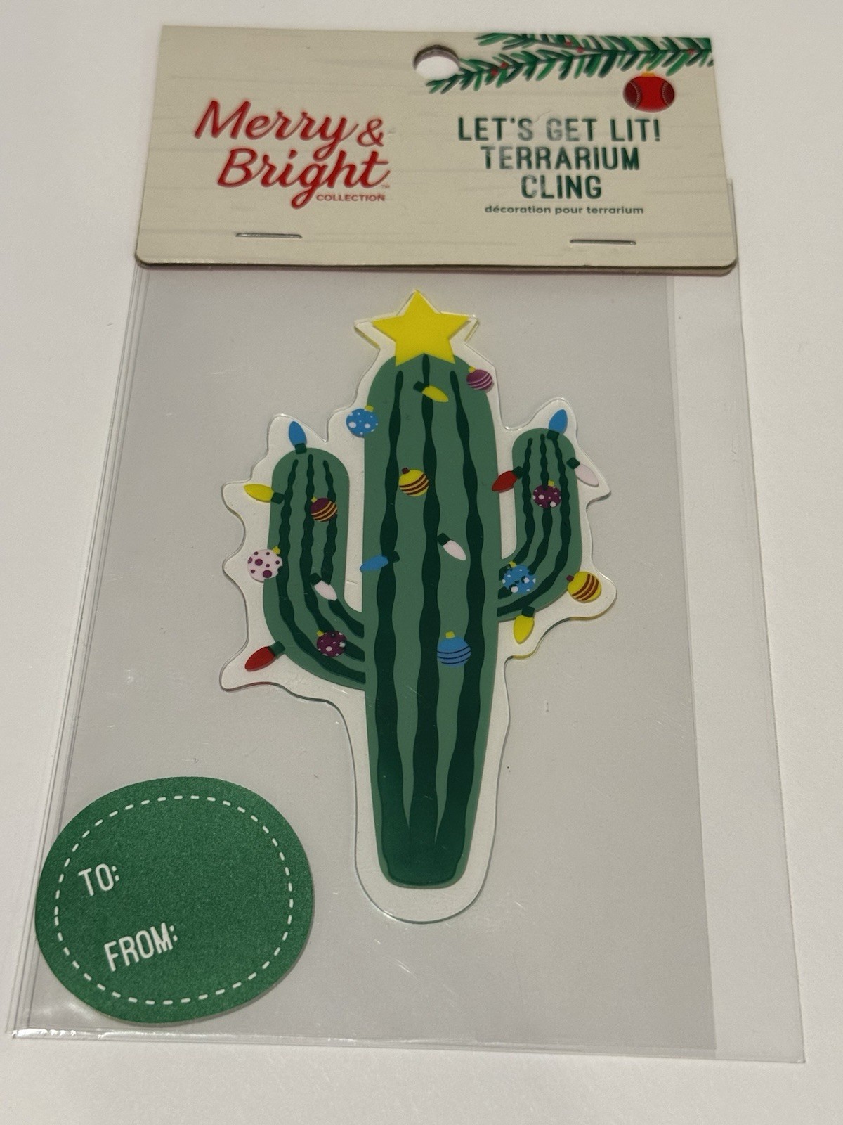 Merry & Bright Let's Get Lit Terrarium Cling Gift Tag Christmas Desert Cactus 5"