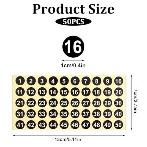 Number Stickers, 50 Sheets Black Consecutive Round Labels, 0.4 2500 Pcs 1 to 50