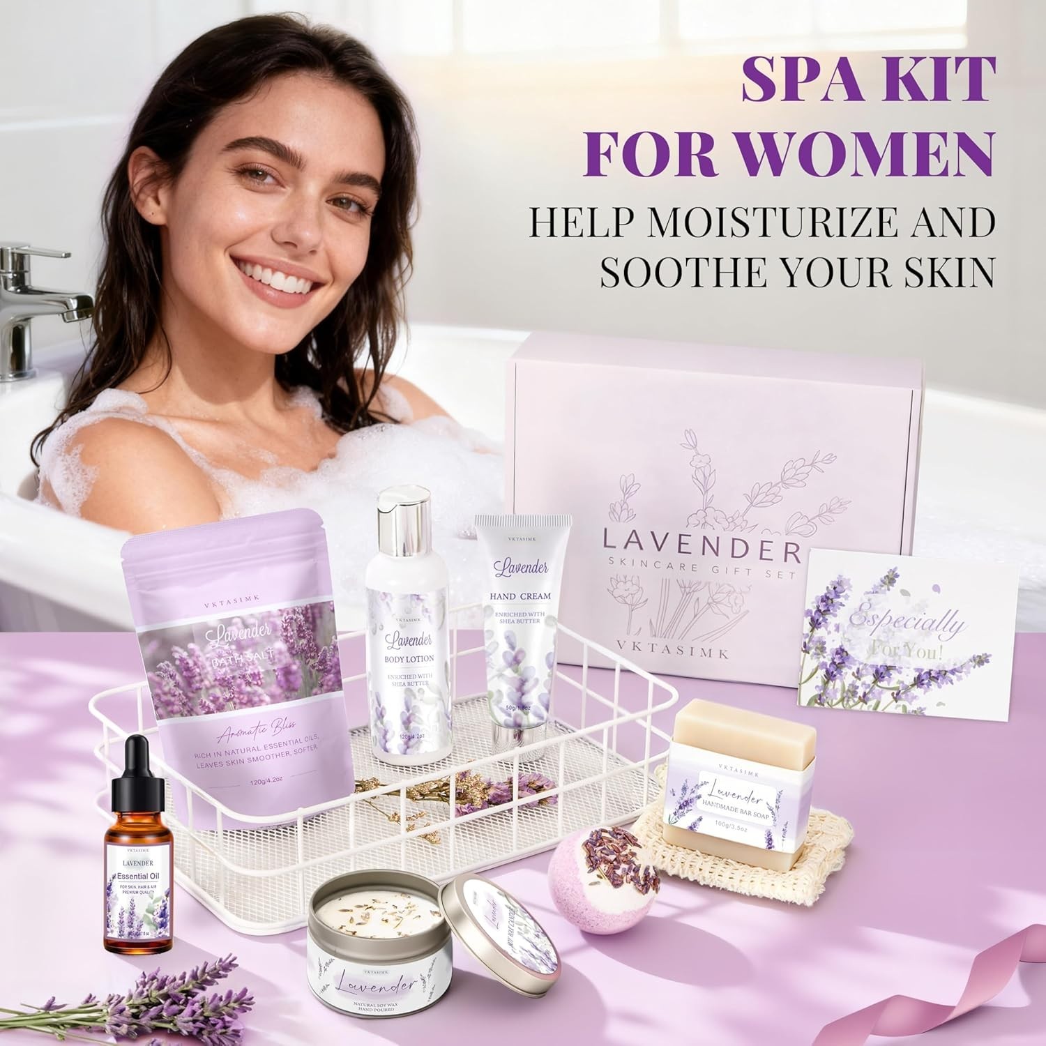Gifts for Women, Lavender Bath and Body Gift Basket Relaxing Spa Self Care Gi…