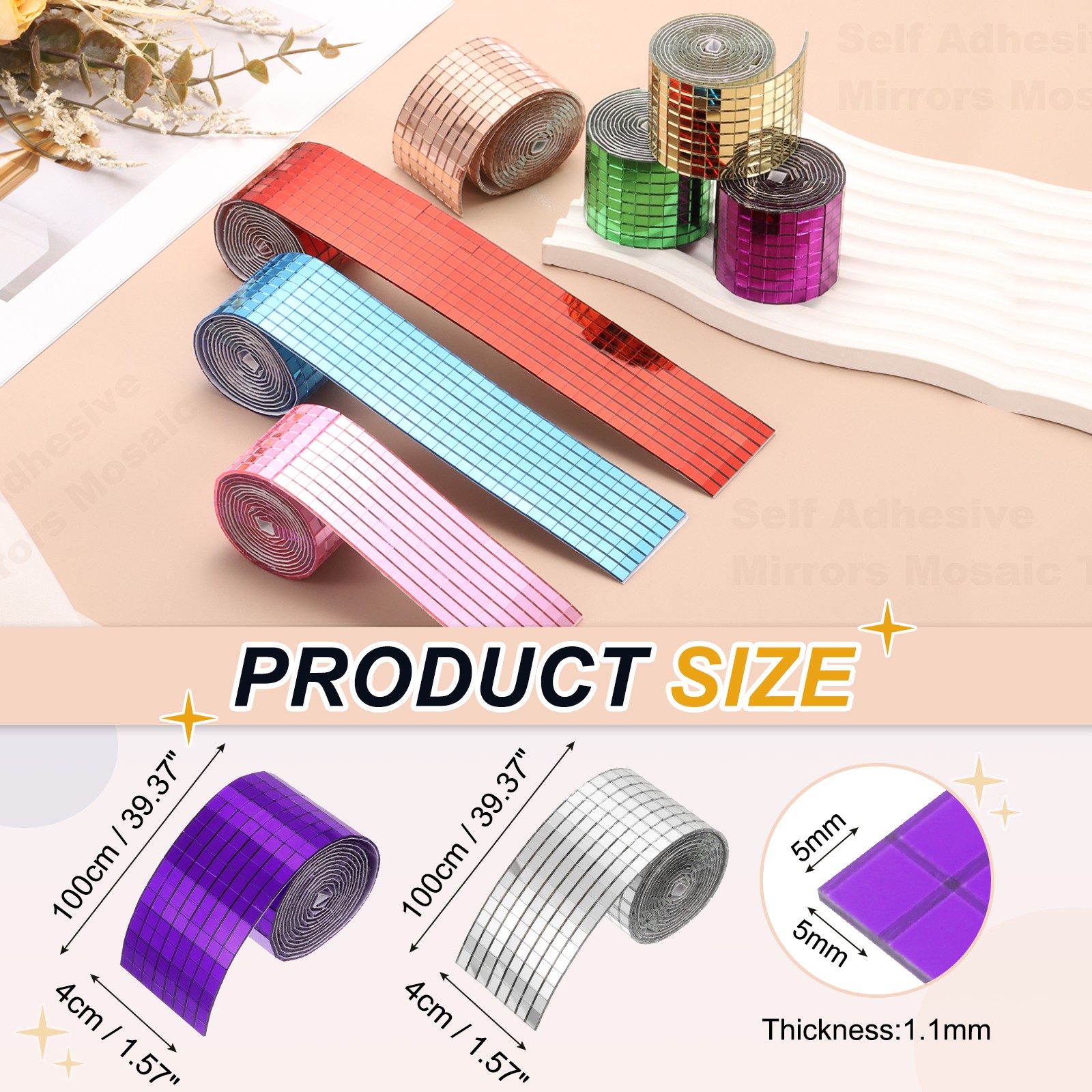 5x5mm Self Adhesive Mirrors Mosaic Tiles, 3200 Pcs Mosaic Sticker, Purple Silver