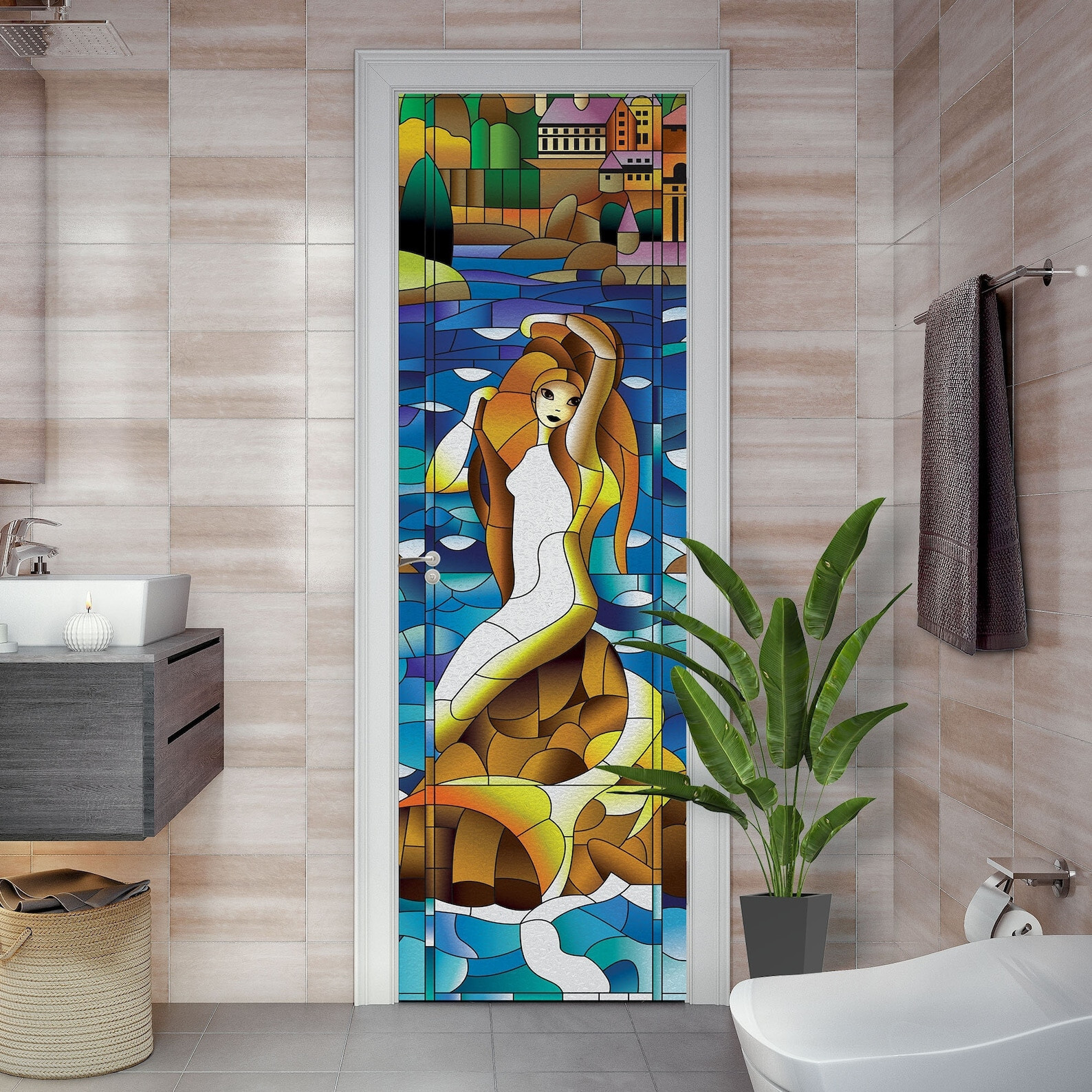 Mermaid Window Stained Glass -Door Mural, Glossy Laminated Sticker, Single piece
