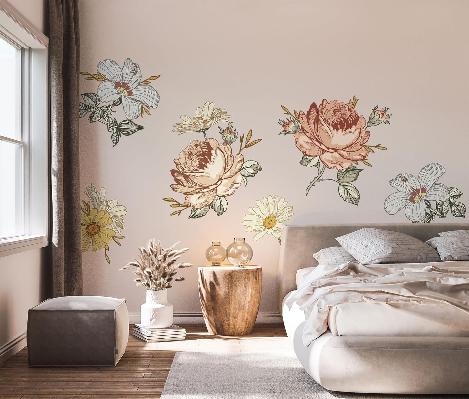 Kids Floral Wall Decal Soft Vintage Peony Flower Wall Sticker