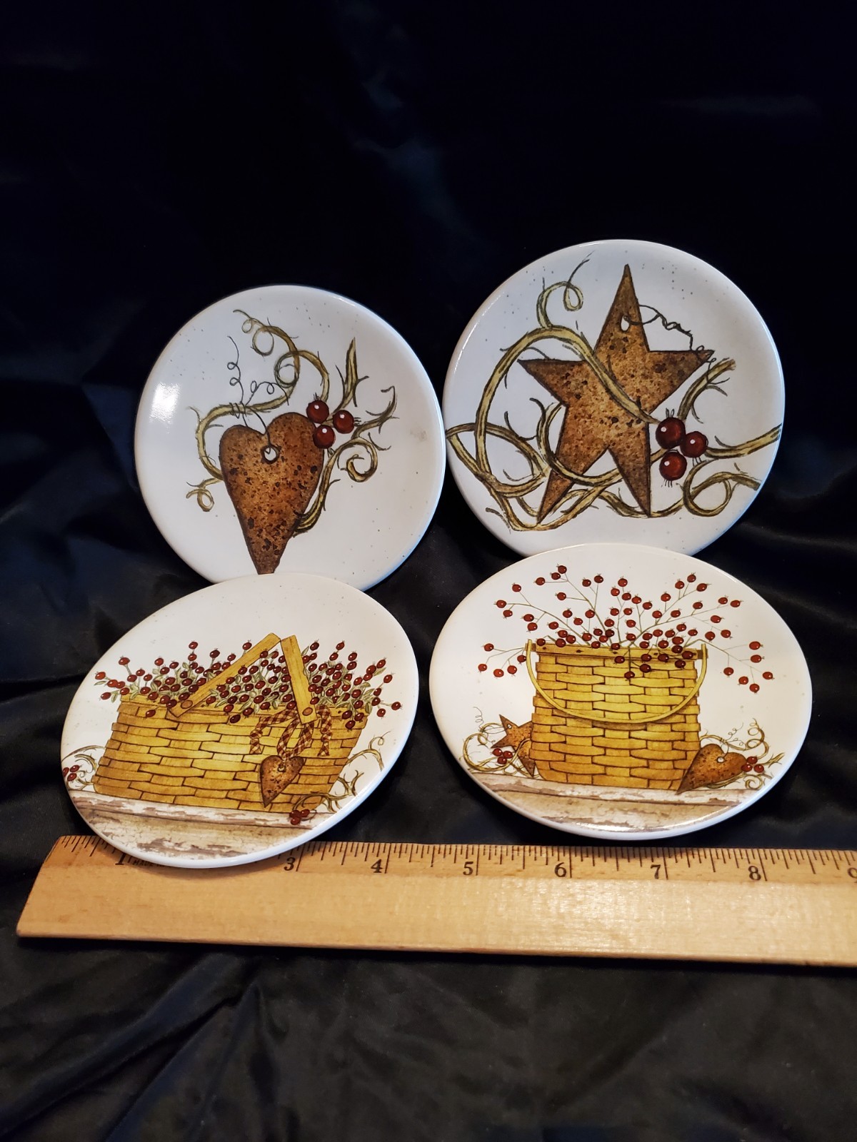 Small Primative Pottery Plates With Black Iron Rack