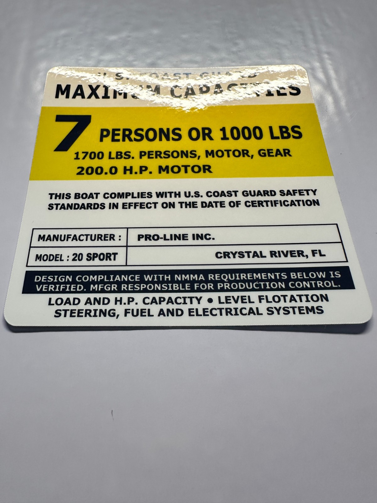 Pro-Line 20 Sport Capacity Decal Sticker | USCG 7 Person 200 HP Marine Tag