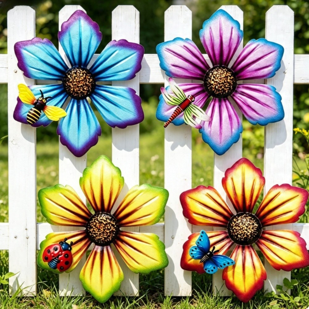 Outdoor Metal Flower Wall Decor Set of 4 for Yard Patio Porch Indoor Space