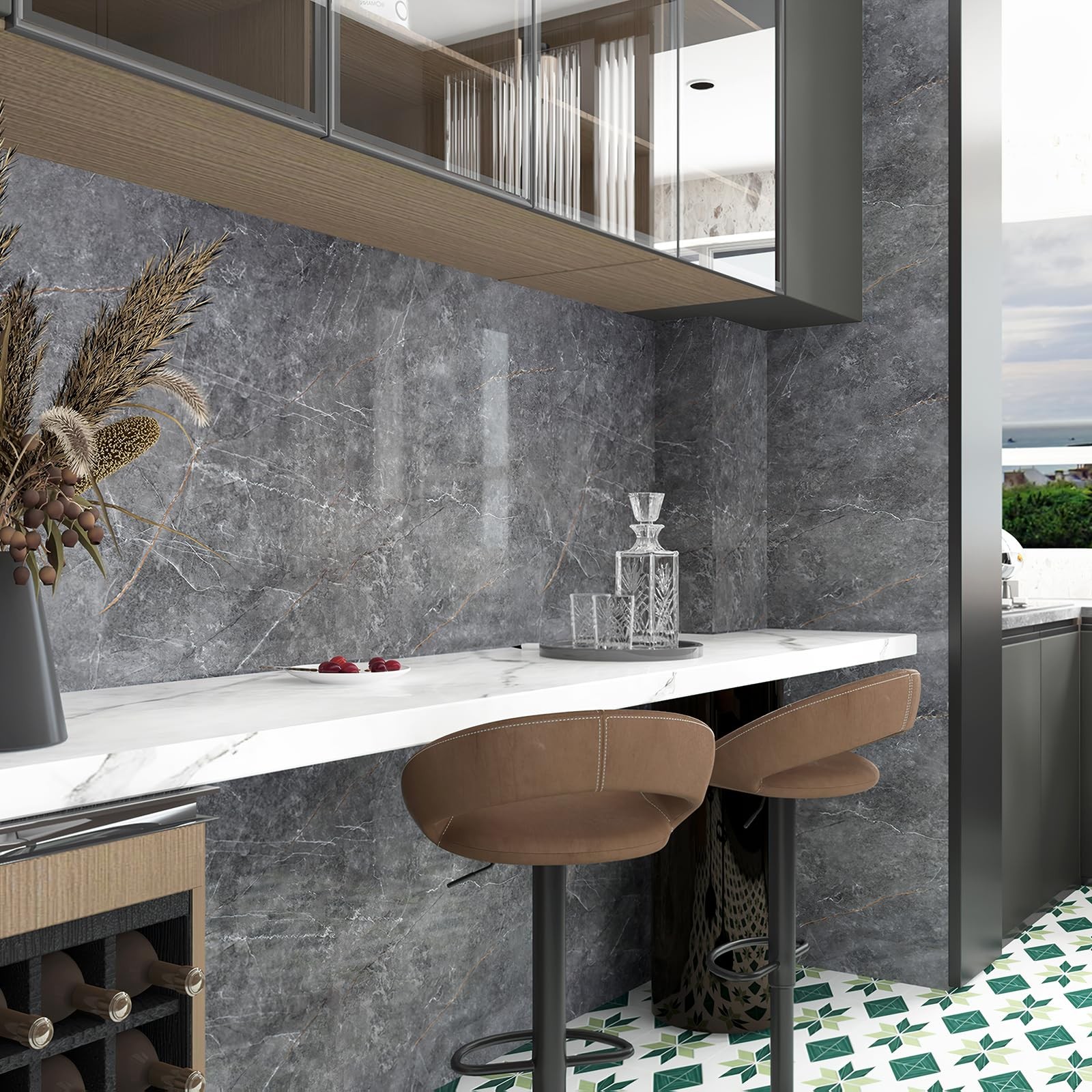 Gray Marble Peel and Stick Glossy Dark Grey Granite Wallpaper Adhesive Remova…