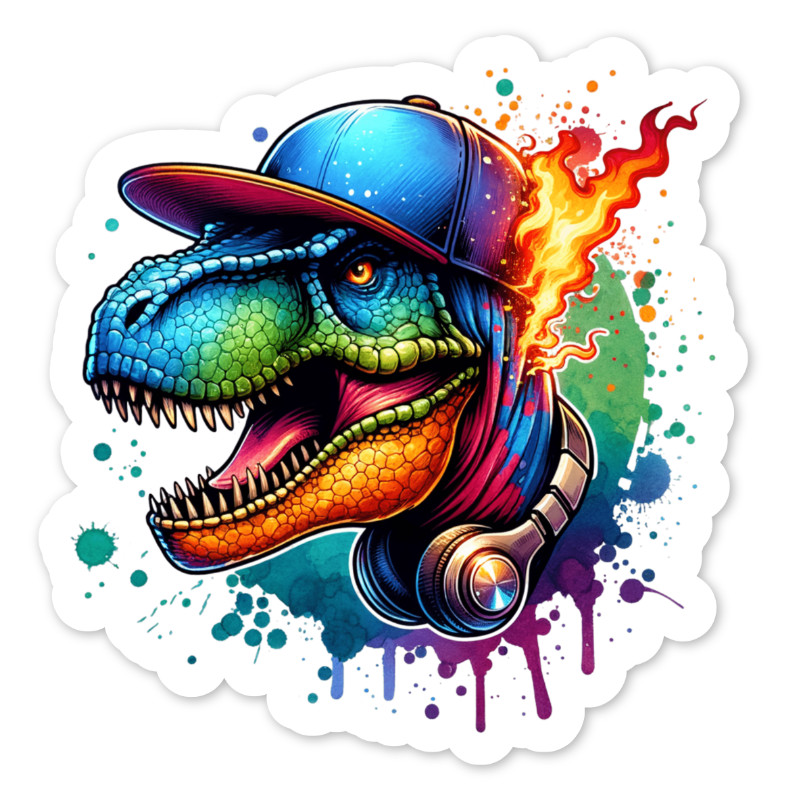 Dinosaur and Headphones Vinyl Sticker, Water Resistant, Laptop, Water Bottle