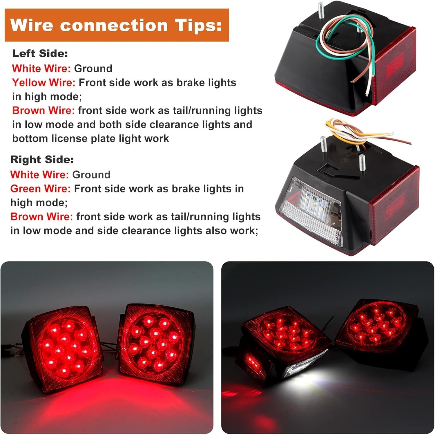 12V Trailer Led Light Kit, 2x Square Led Stop Turn Tail Brake License Plate Runn