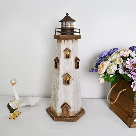 Wooden Lighthouse with Lights Nautical Tabletop Figurine