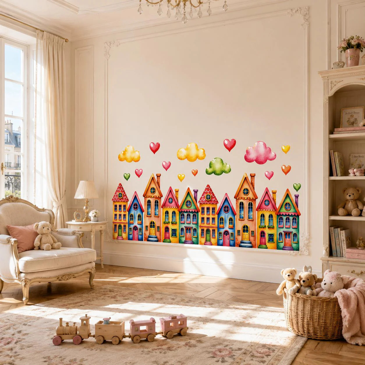 Colorful Watercolor Houses Wall Vinyl Decal | Rainbow Town Street Sticker