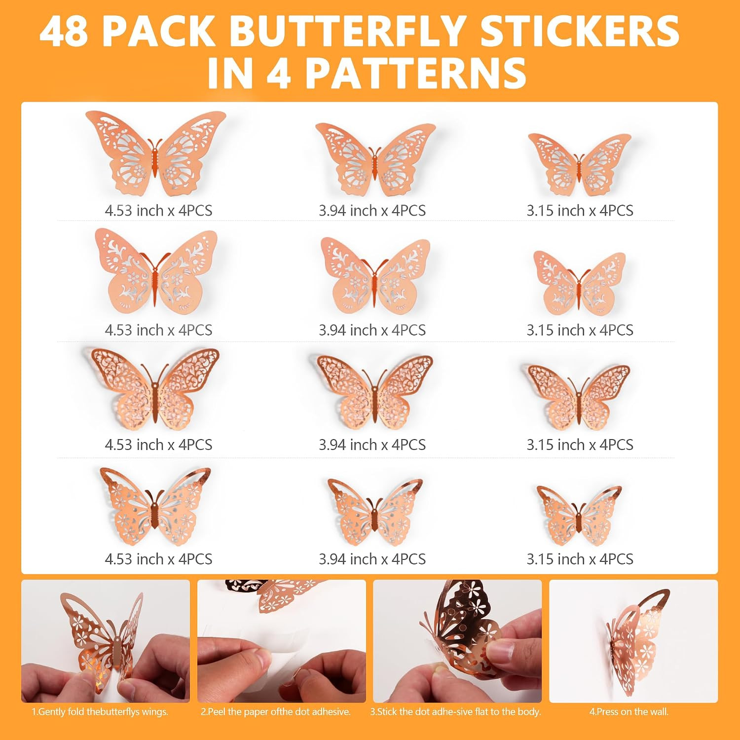 48 Pcs Rose Gold Butterfly Decorations, 4 Styles 3 Sizes, Wall Decor