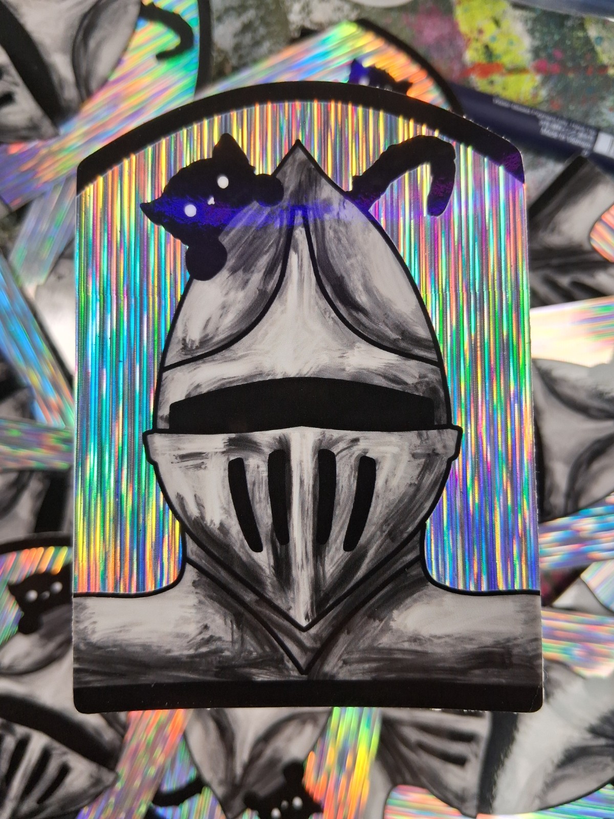 Holographic Whimsical Surreal Cute Peeking Kitty Knight Vinyl Sticker Trippy