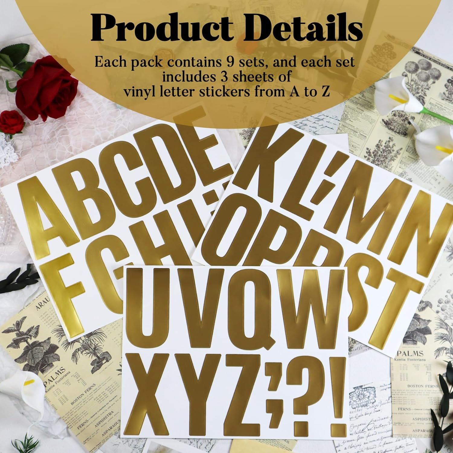 4 Inch Gold Alphabet Stickers, 27 Sheets Self-Adhesive Vinyl Letter Decals fo…