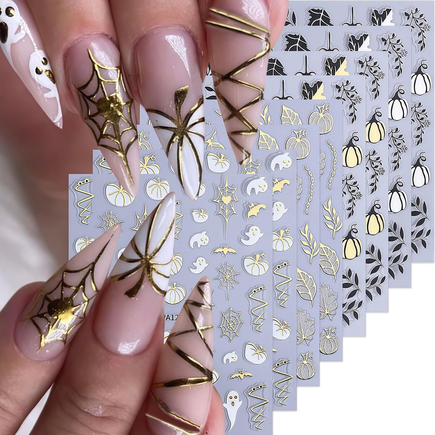 8 Sheets Fall Halloween Nail Stickers for Art 3.9in*3.15in, Multicolor