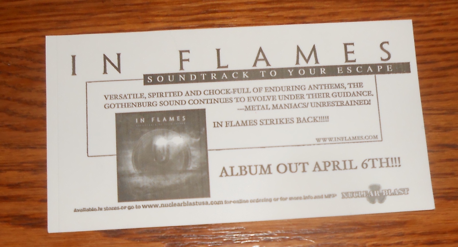 In Flames Sticker Promo Soundtrack to Your Escape 6×3.25 Swedish Metal RARE