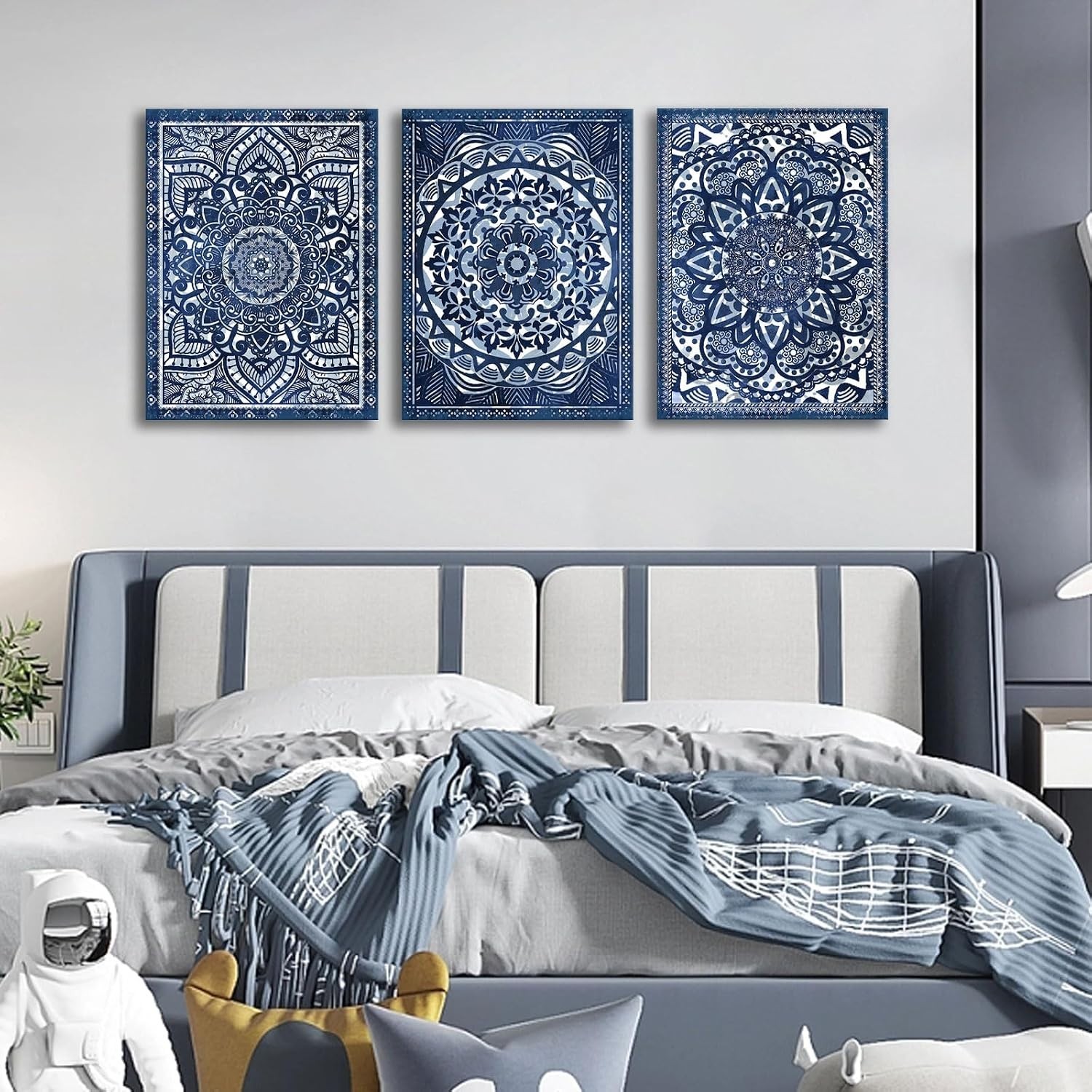 Mandala Art Prints Set – Navy Blue Wall Decor – 12×16 inches