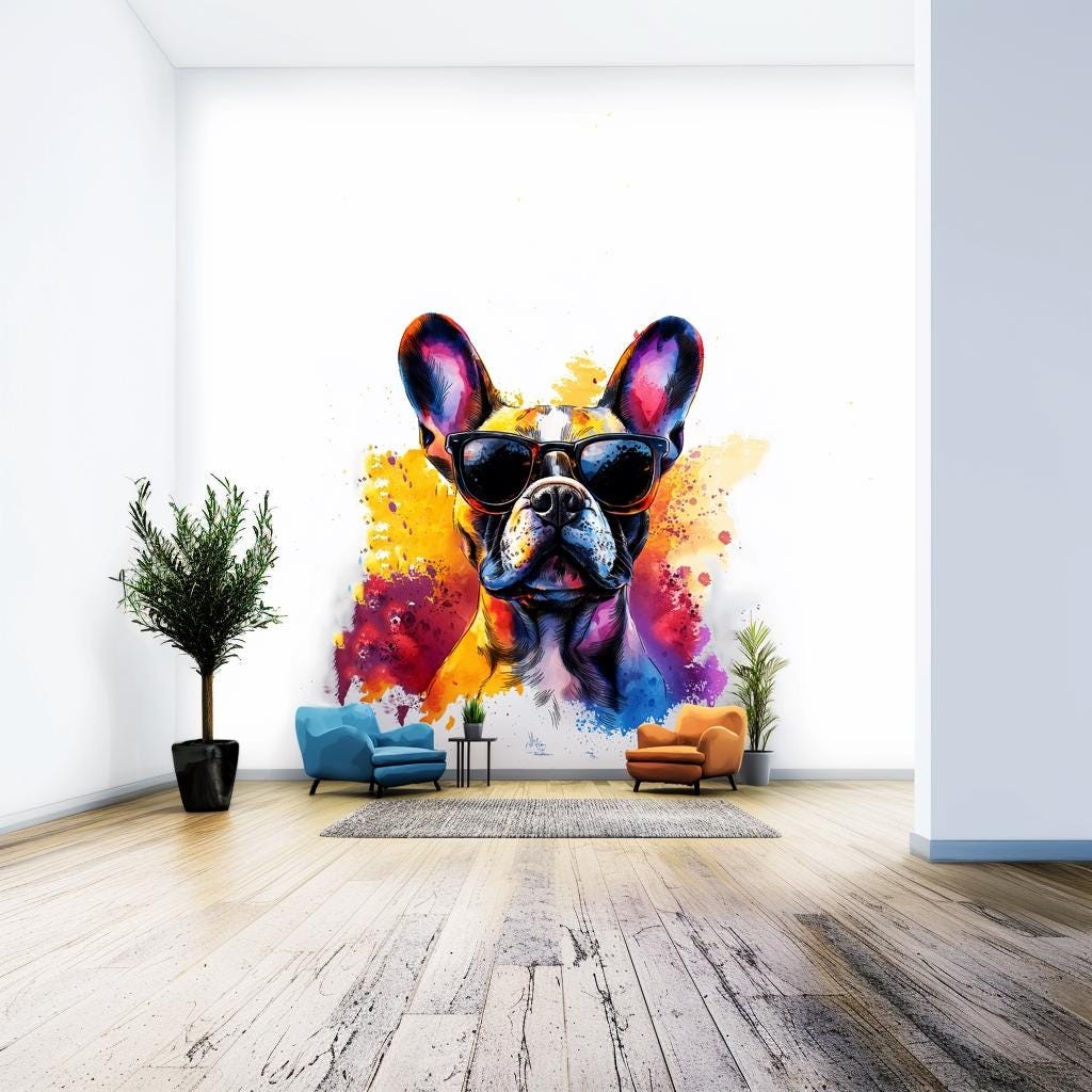 Chic French Bulldog Wall Decal with Stylish Sunglasses | Colorful Watercolor
