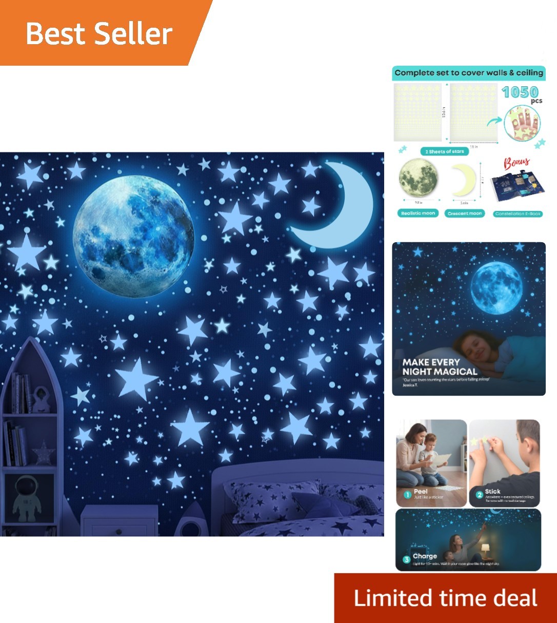 Peel & Stick Blue Glow in the Dark Stars – 1050 Pcs with Constellation E-Book